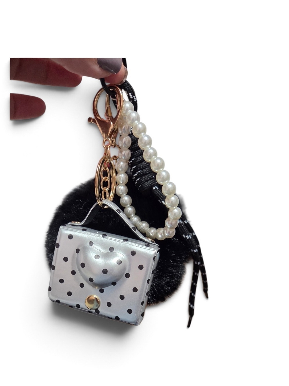 Pearl & Polka Dot Keychain Bag Charm in Black and White